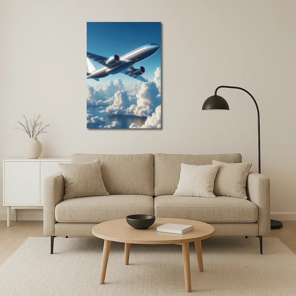 Commercial Airplane Flying Above Fluffy Clouds – Wall Art