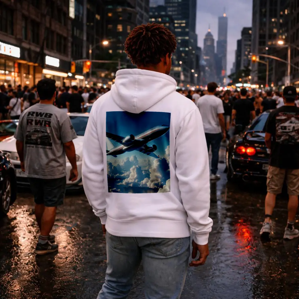 Commercial Airplane Flying Above Fluffy Clouds – Hoodies