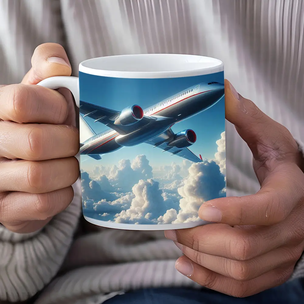 Commercial Airplane Flying Above Fluffy Clouds – Mugs