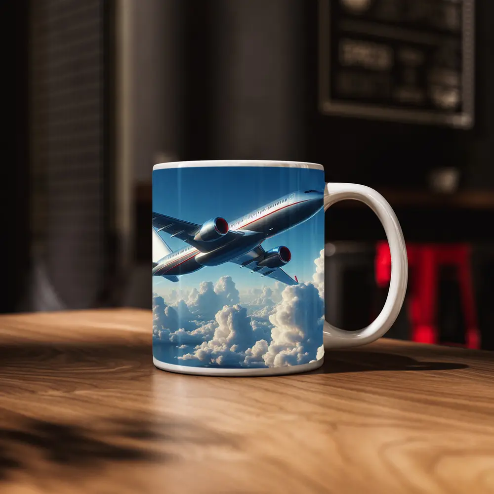 Commercial Airplane Flying Above Fluffy Clouds – Mugs