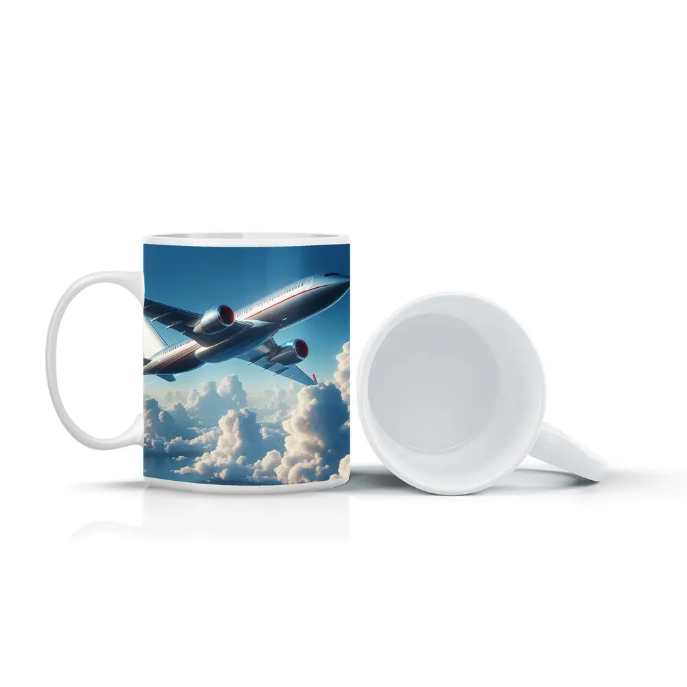 Commercial Airplane Flying Above Fluffy Clouds – Mugs