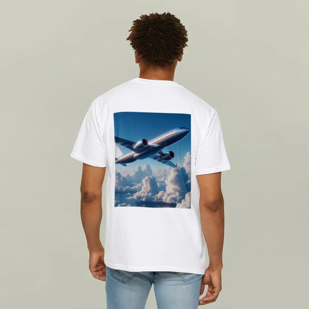 Commercial Airplane Flying Above Fluffy Clouds – T-Shirts