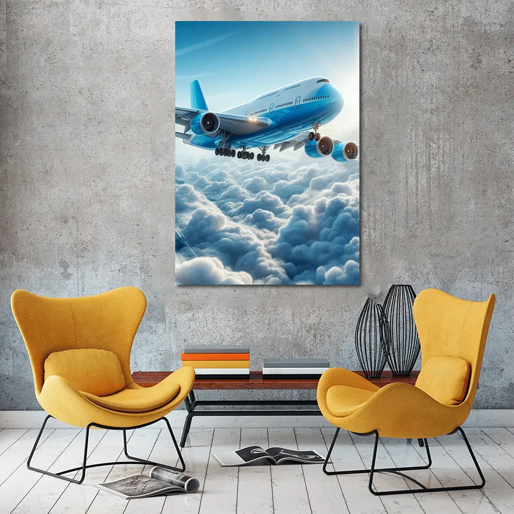Blue Jumbo Jet Flying Above Clouds – Wall Art