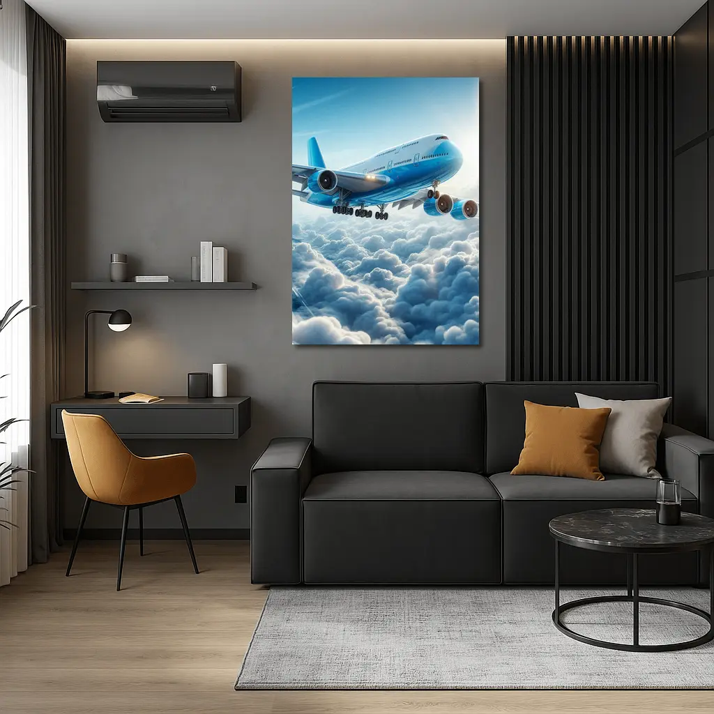 Blue Jumbo Jet Flying Above Clouds – Wall Art