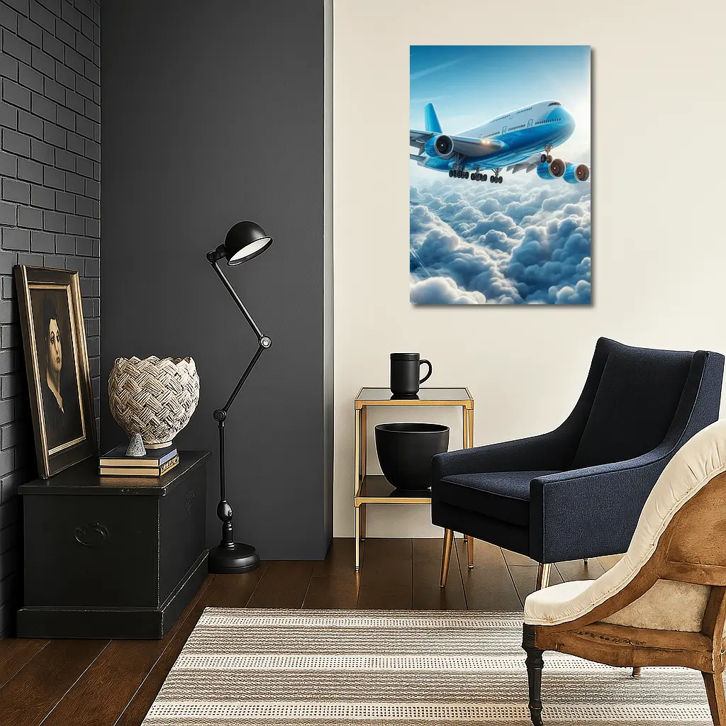 Blue Jumbo Jet Flying Above Clouds – Wall Art