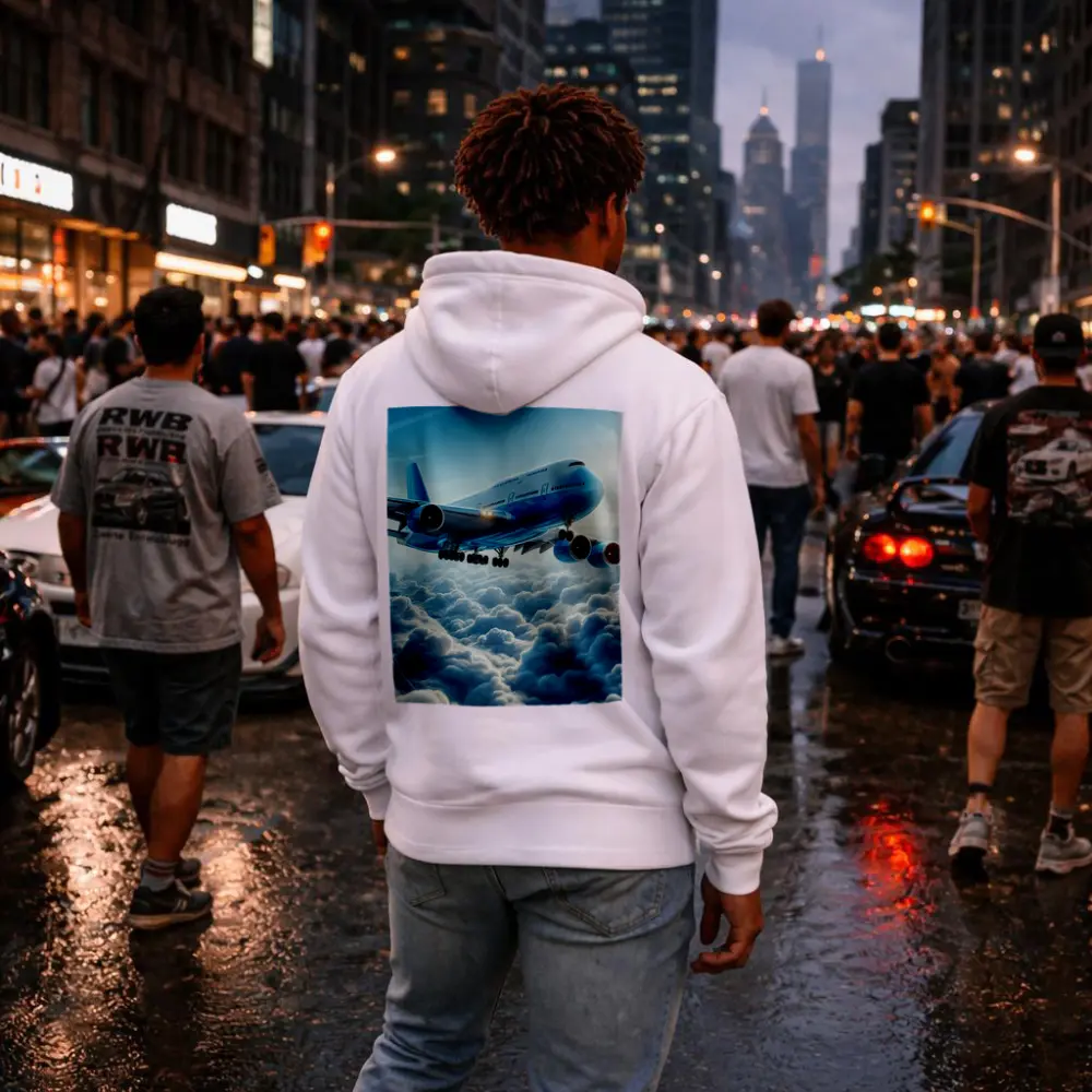Blue Jumbo Jet Flying Above Clouds – Hoodies