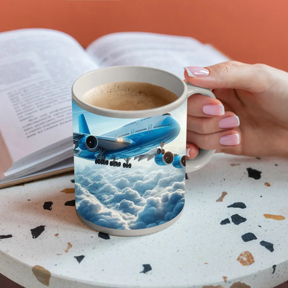 Blue Jumbo Jet Flying Above Clouds – Mugs