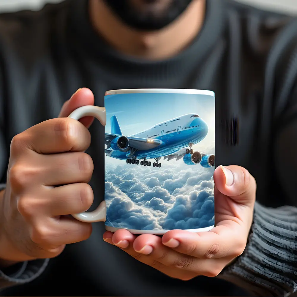 Blue Jumbo Jet Flying Above Clouds – Mugs