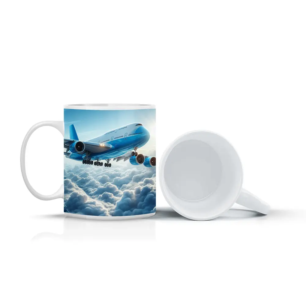 Blue Jumbo Jet Flying Above Clouds – Mugs