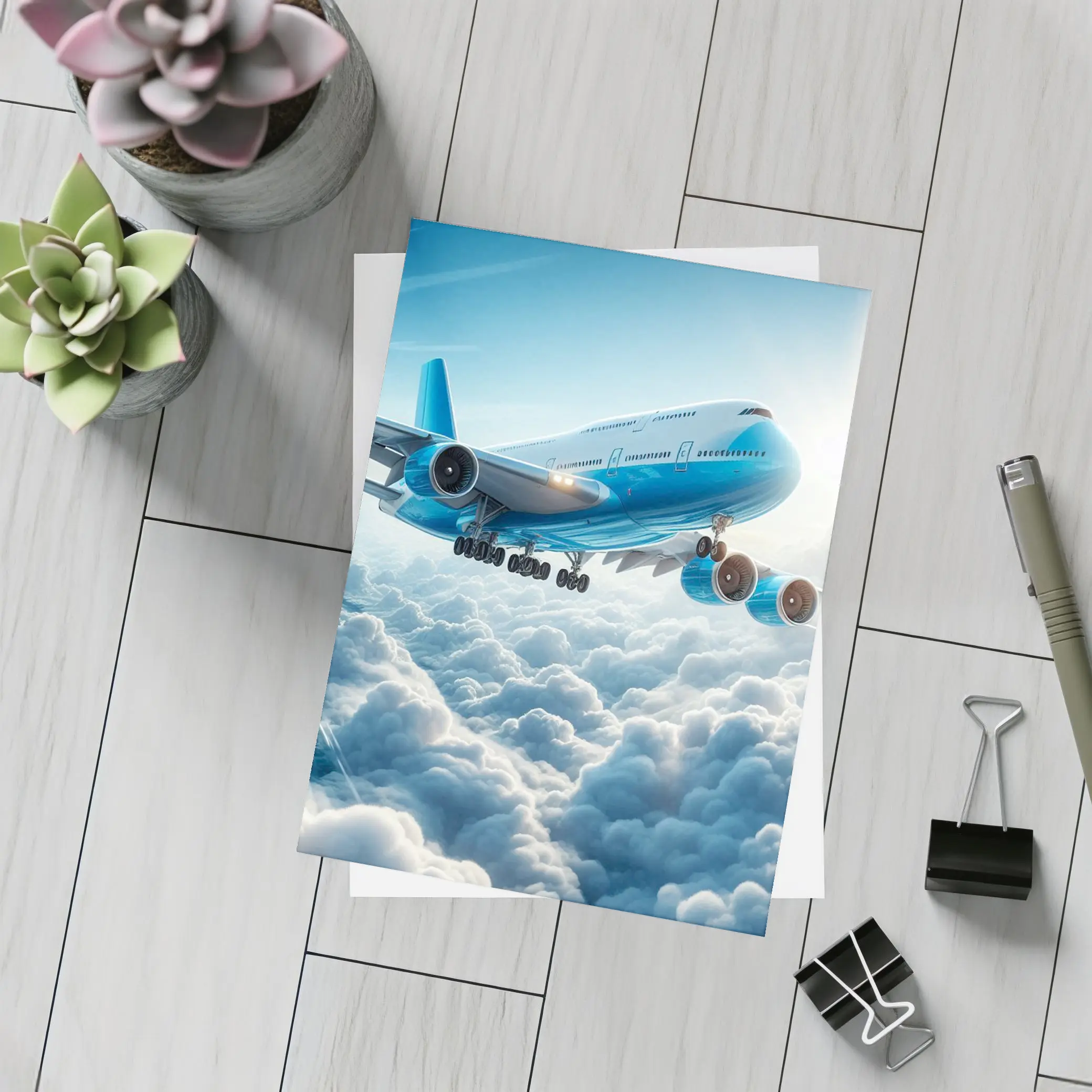 Blue Jumbo Jet Flying Above Clouds – Postcards