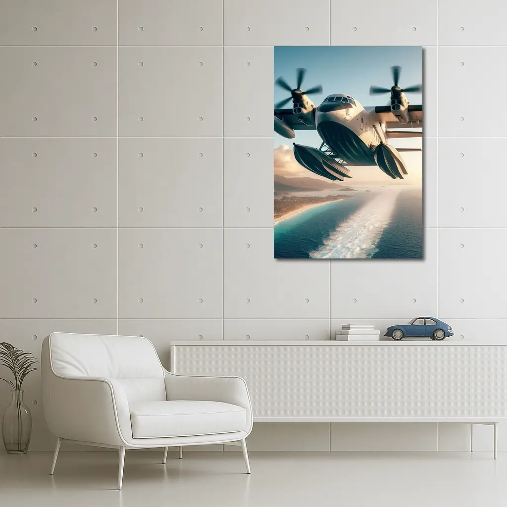 Futuristic Seaplane Flying Over Coastal Waters – Wall Art