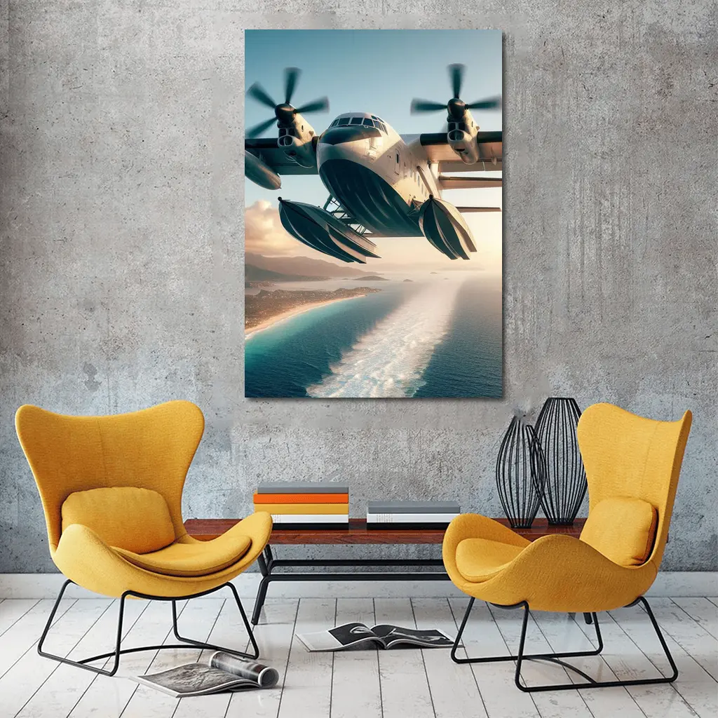 Futuristic Seaplane Flying Over Coastal Waters – Wall Art