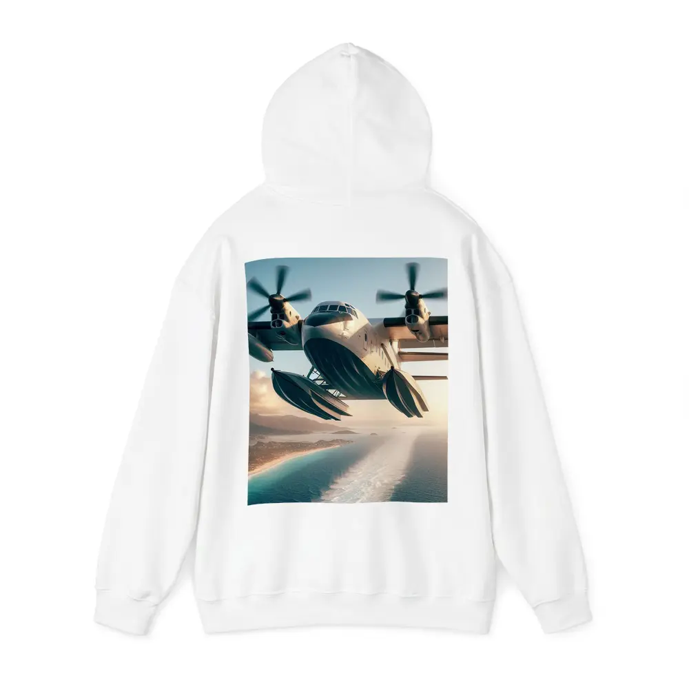 Futuristic Seaplane Flying Over Coastal Waters – Hoodies