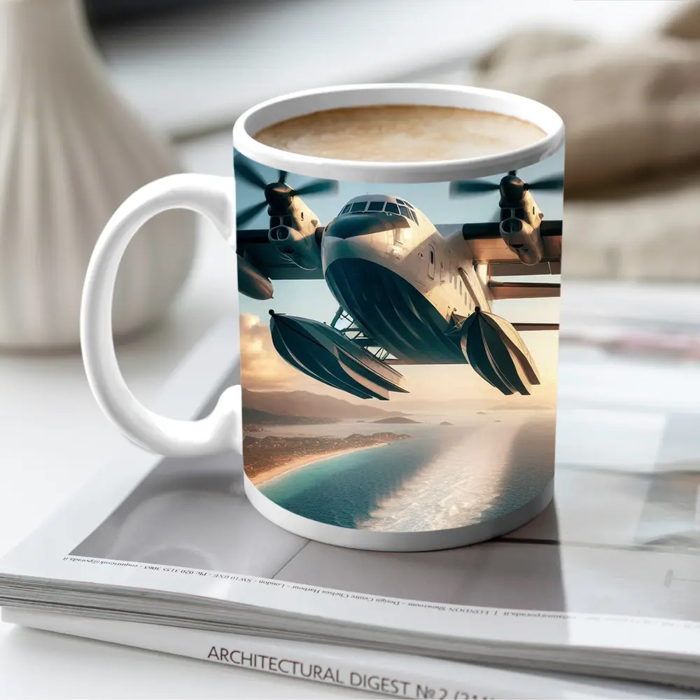 Futuristic Seaplane Flying Over Coastal Waters – Mugs