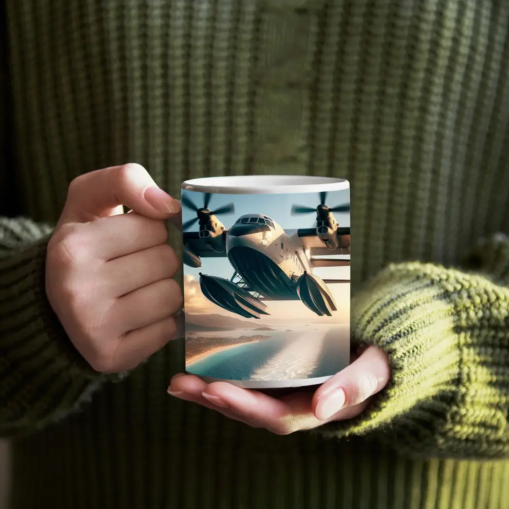 Futuristic Seaplane Flying Over Coastal Waters – Mugs
