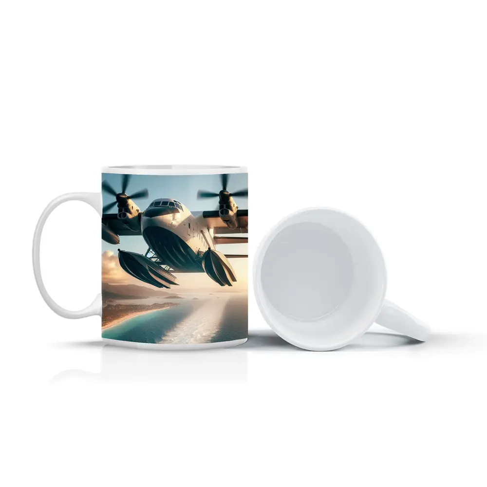 Futuristic Seaplane Flying Over Coastal Waters – Mugs