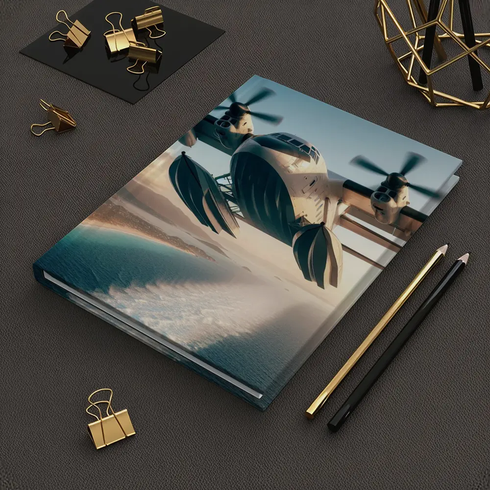 Futuristic Seaplane Flying Over Coastal Waters – Notebooks