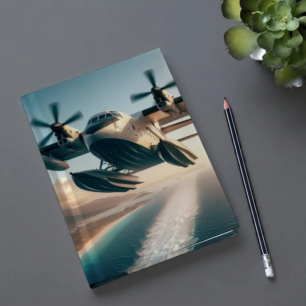 Futuristic Seaplane Flying Over Coastal Waters – Notebooks
