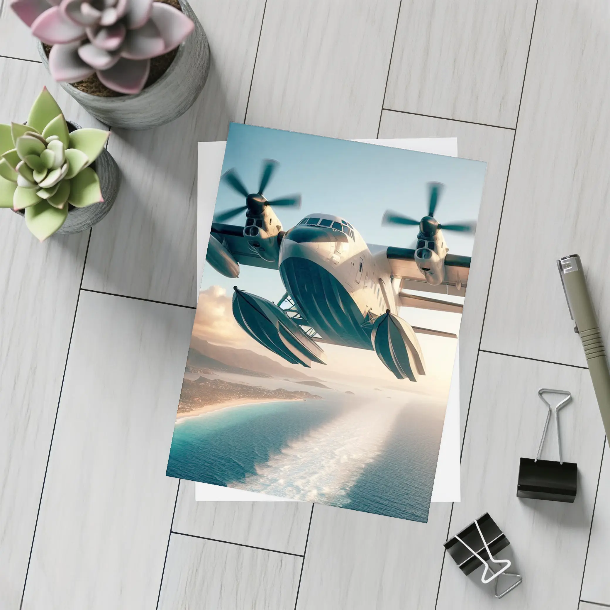 Futuristic Seaplane Flying Over Coastal Waters – Postcards