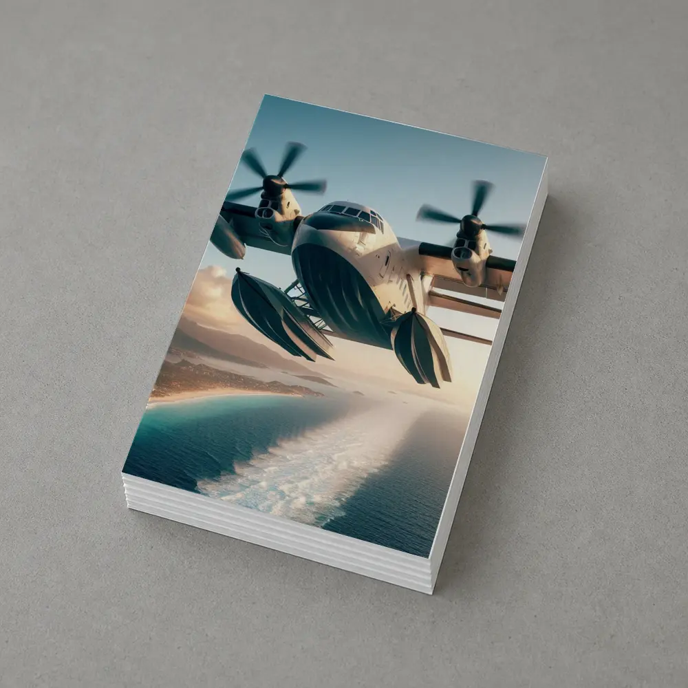 Futuristic Seaplane Flying Over Coastal Waters – Postcards