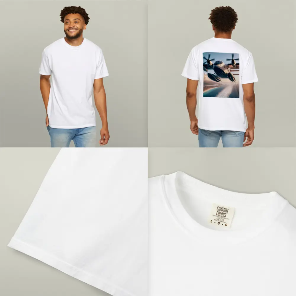 Futuristic Seaplane Flying Over Coastal Waters – T-Shirts