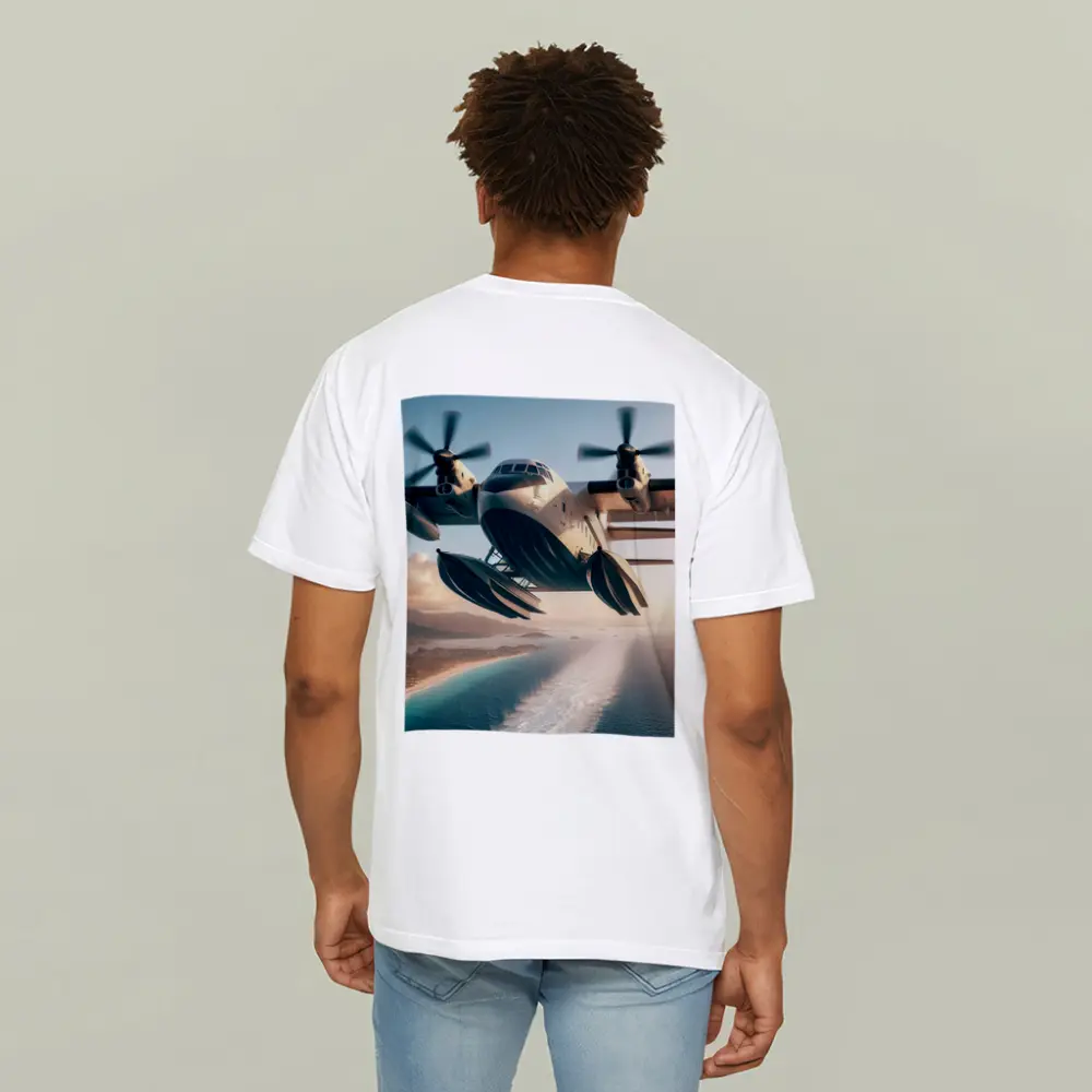 Futuristic Seaplane Flying Over Coastal Waters – T-Shirts