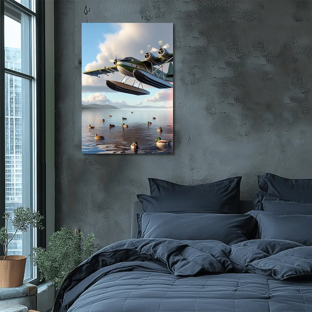 Seaplane Flying Low Over Calm Lake – Wall Art