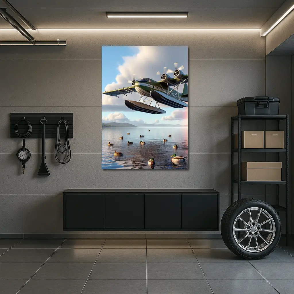 Seaplane Flying Low Over Calm Lake – Wall Art
