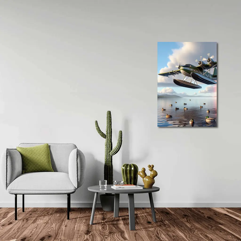 Seaplane Flying Low Over Calm Lake – Wall Art