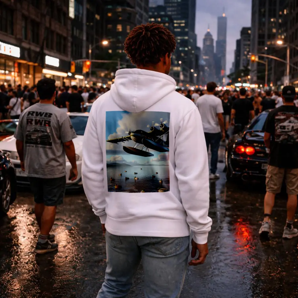 Seaplane Flying Low Over Calm Lake – Hoodies