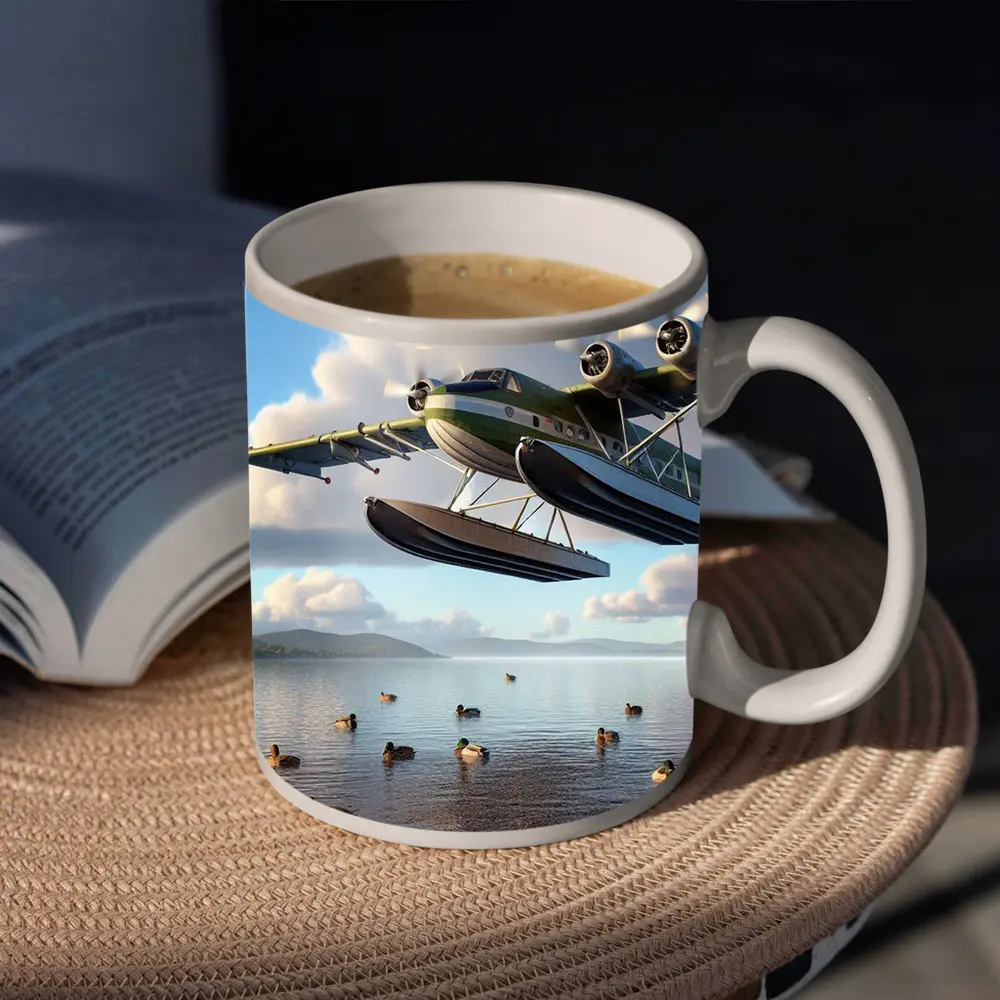 Seaplane Flying Low Over Calm Lake – Mugs