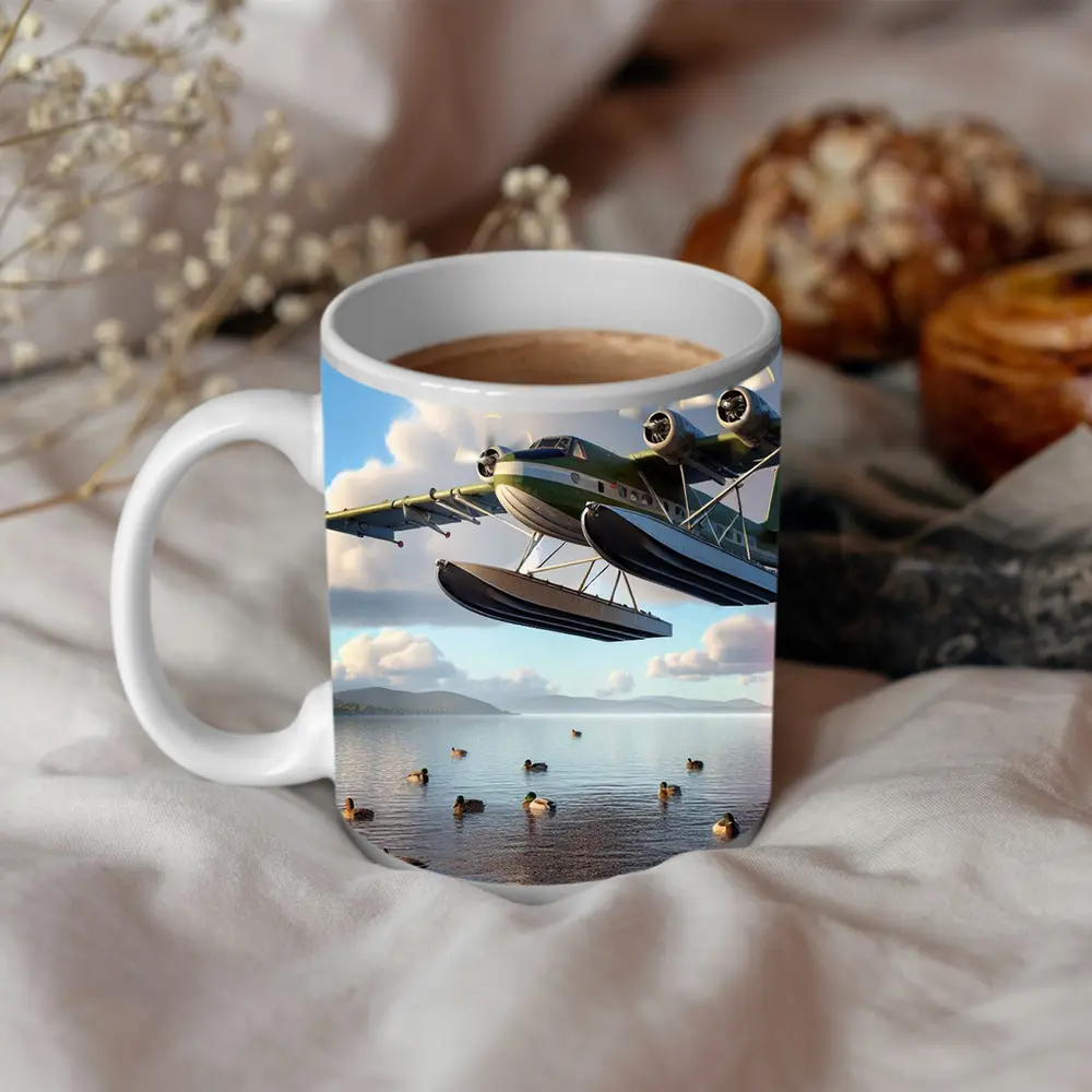 Seaplane Flying Low Over Calm Lake – Mugs