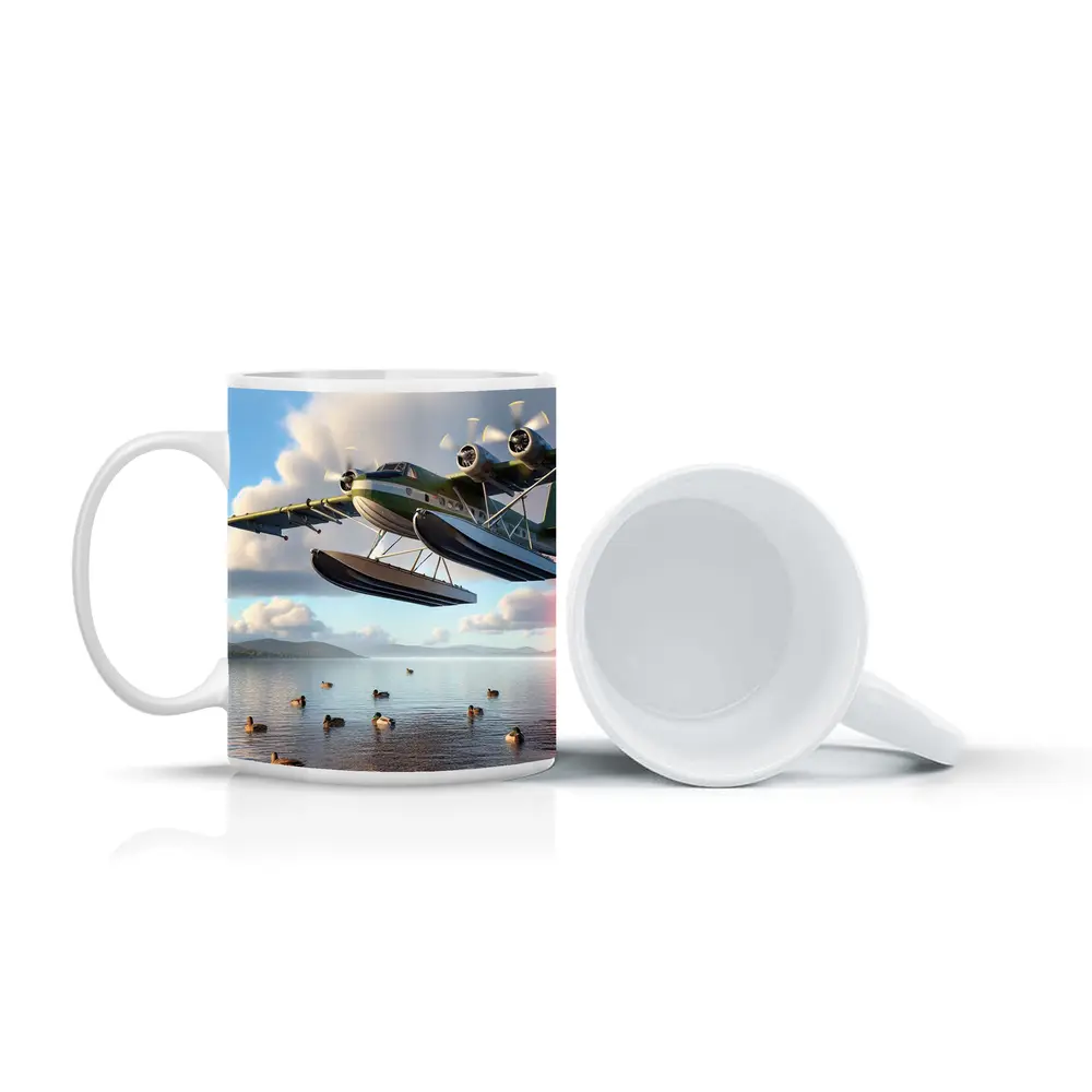 Seaplane Flying Low Over Calm Lake – Mugs