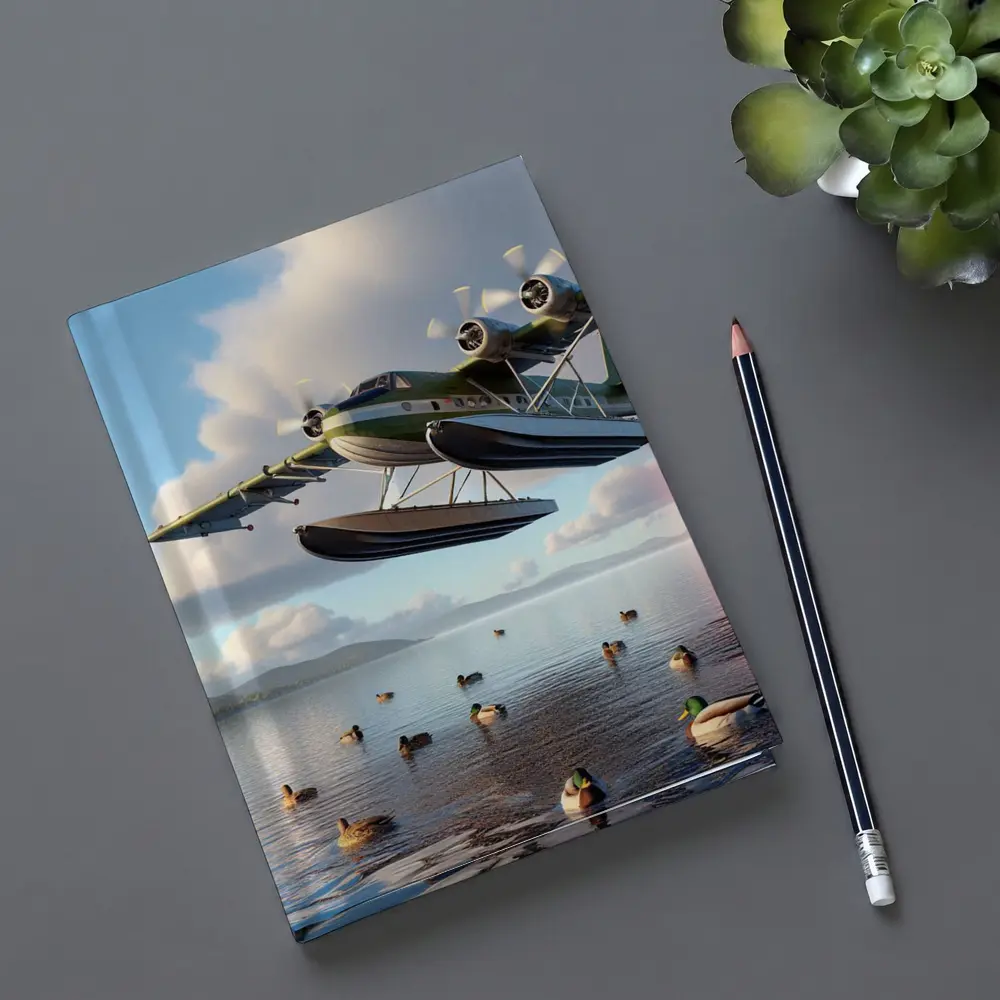 Seaplane Flying Low Over Calm Lake – Notebooks