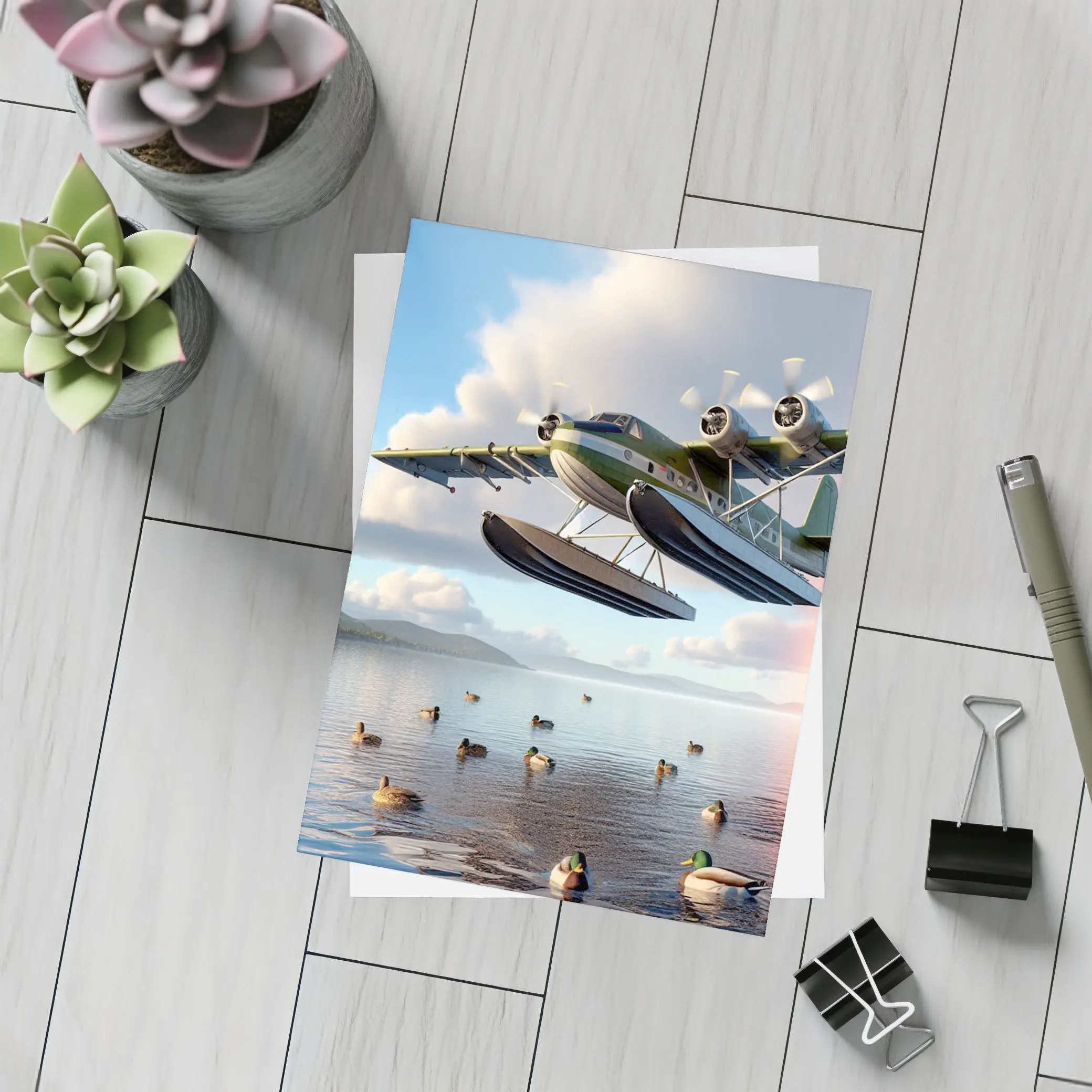 Seaplane Flying Low Over Calm Lake – Postcards
