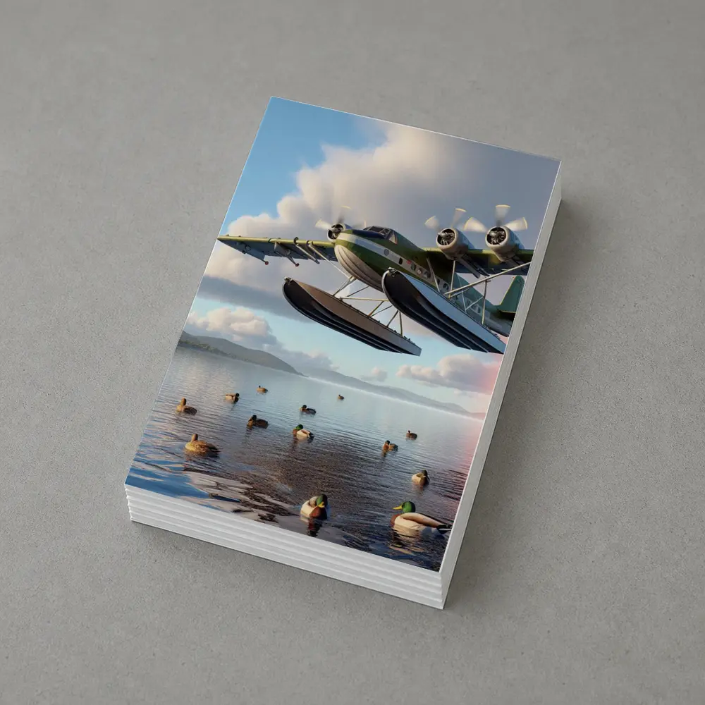 Seaplane Flying Low Over Calm Lake – Postcards