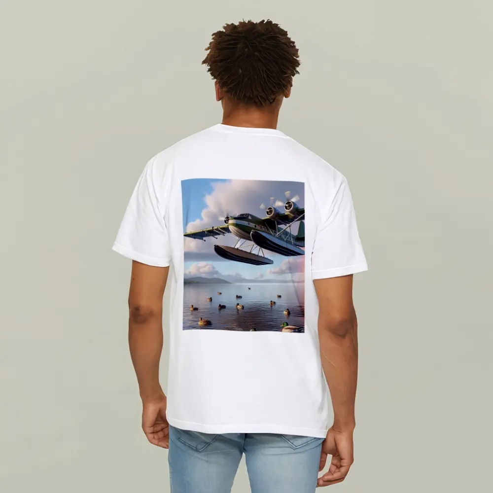 Seaplane Flying Low Over Calm Lake – T-Shirts