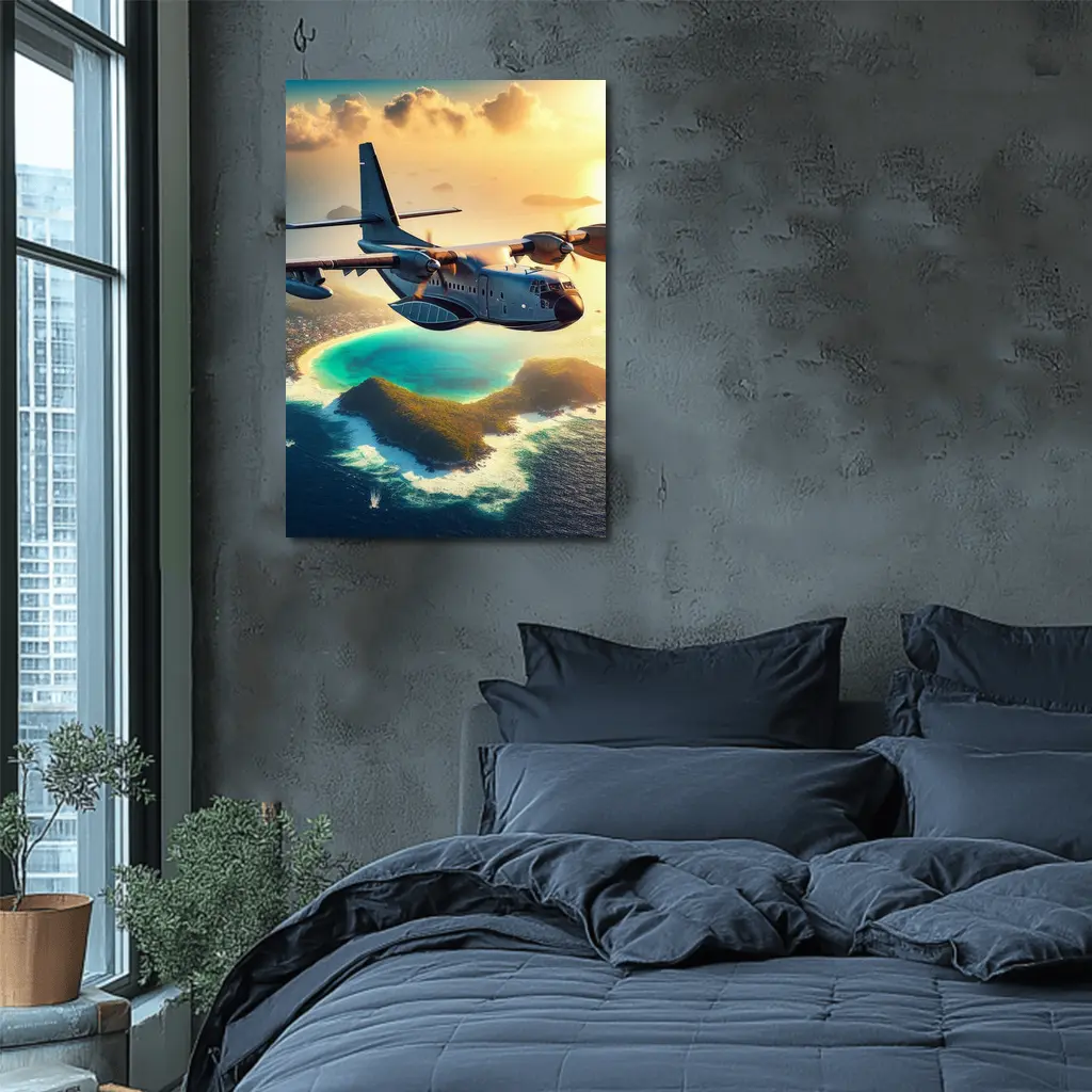 Military Cargo Plane Flying Over Tropical Island – Wall Art