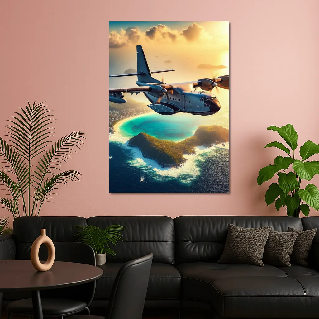 Military Cargo Plane Flying Over Tropical Island – Wall Art