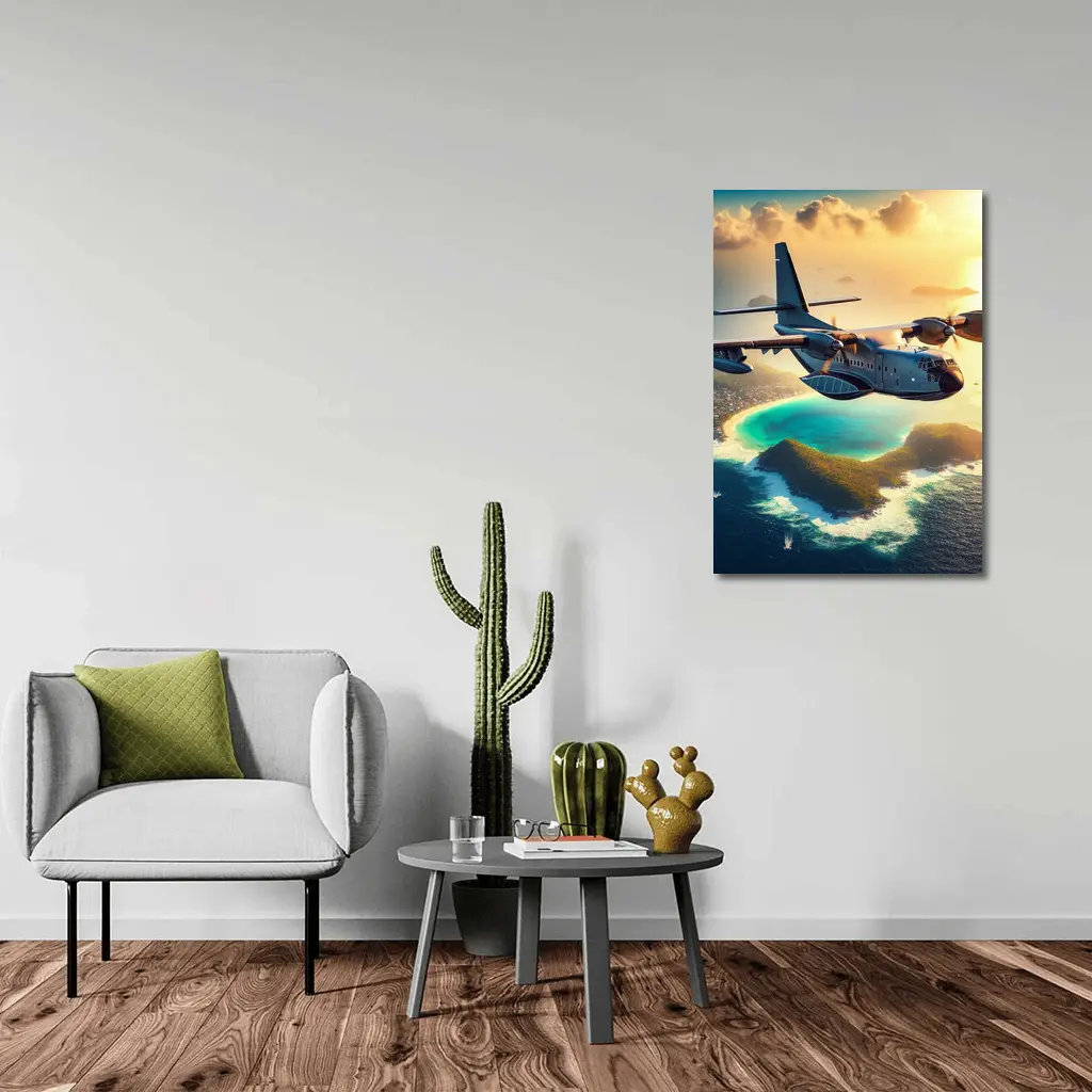 Military Cargo Plane Flying Over Tropical Island – Wall Art