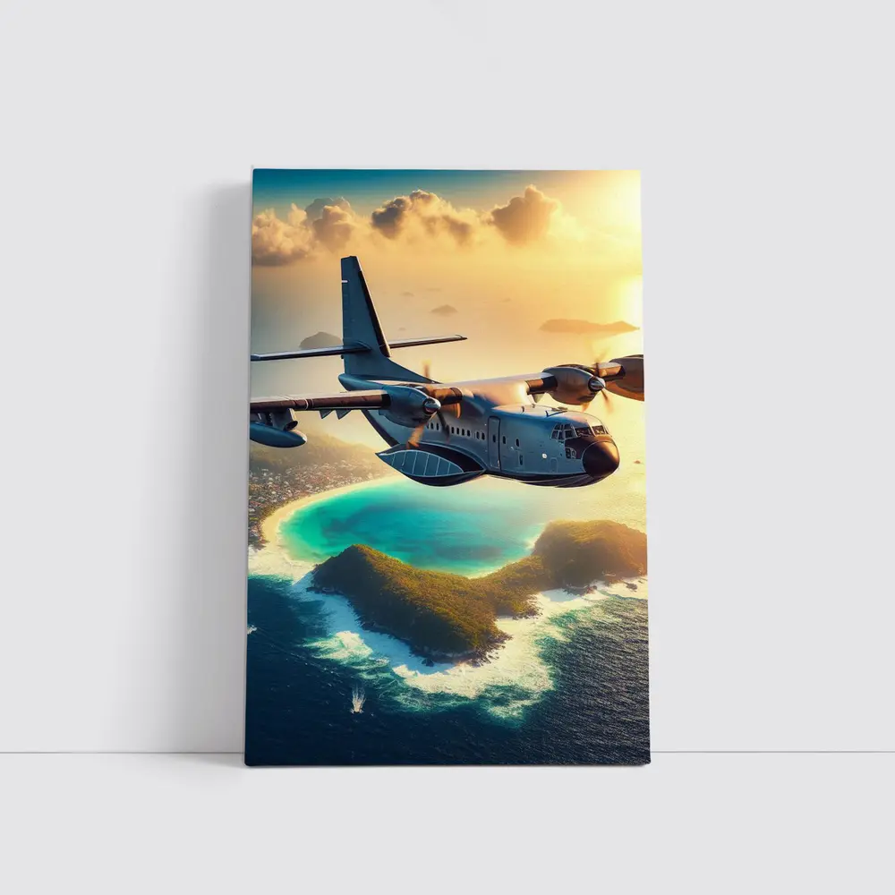 Military Cargo Plane Flying Over Tropical Island – Wall Art
