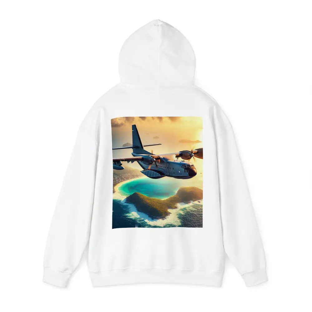 Military Cargo Plane Flying Over Tropical Island – Hoodies