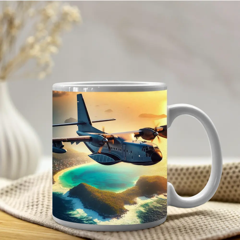 Military Cargo Plane Flying Over Tropical Island – Mugs