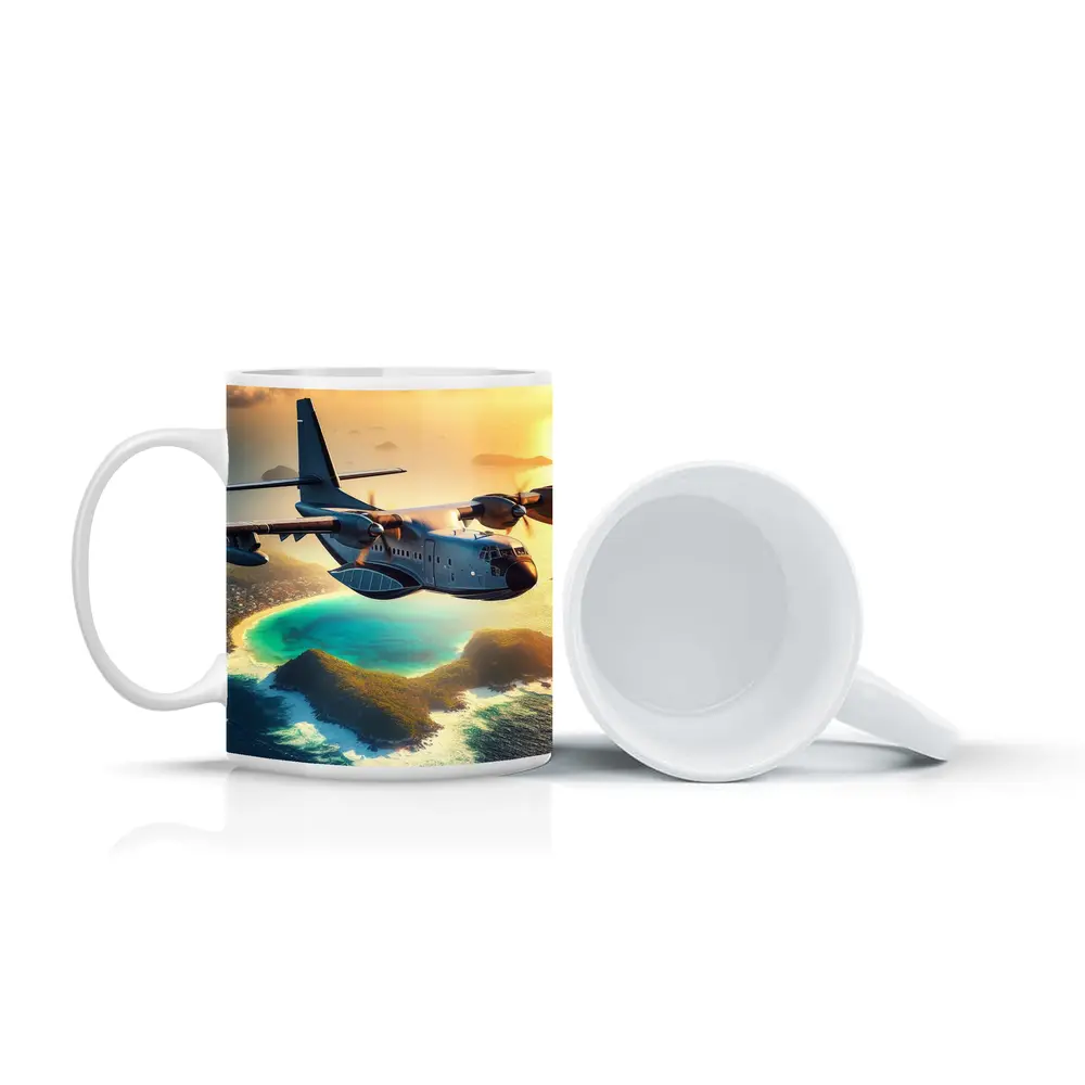 Military Cargo Plane Flying Over Tropical Island – Mugs