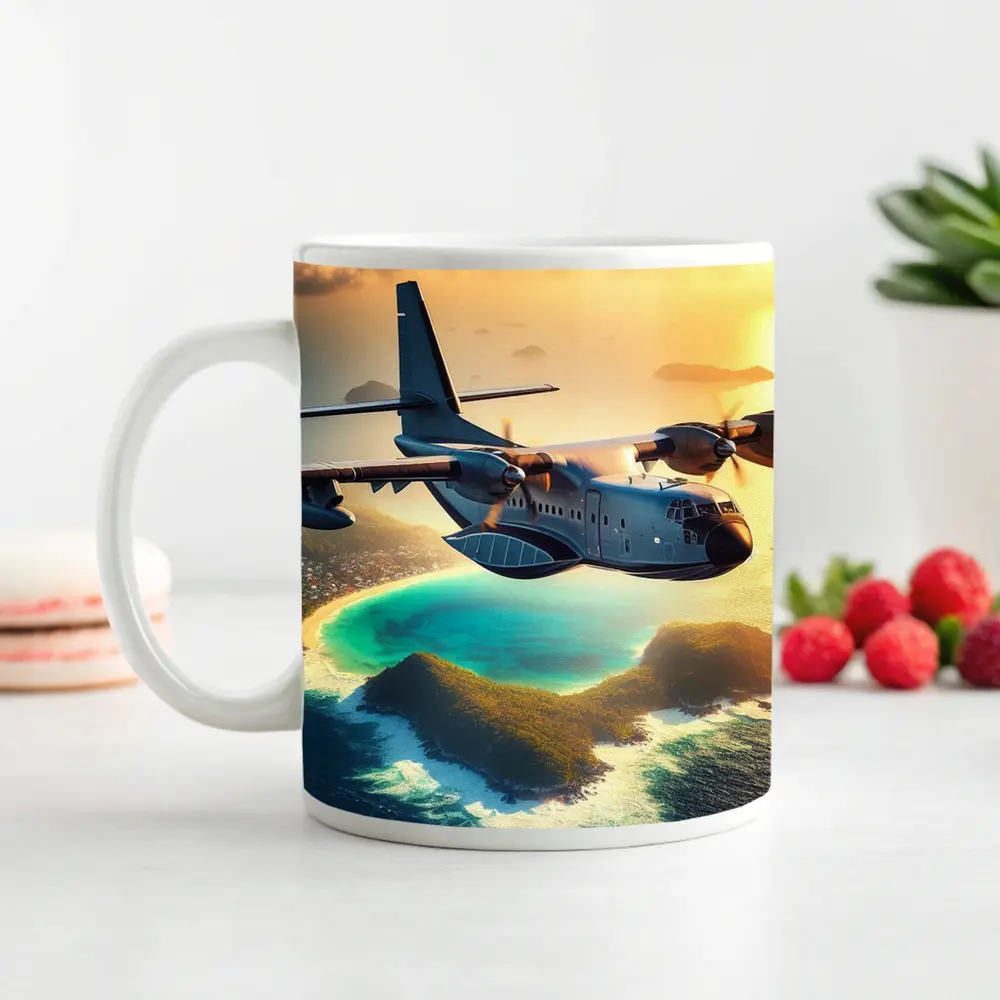 Military Cargo Plane Flying Over Tropical Island – Mugs