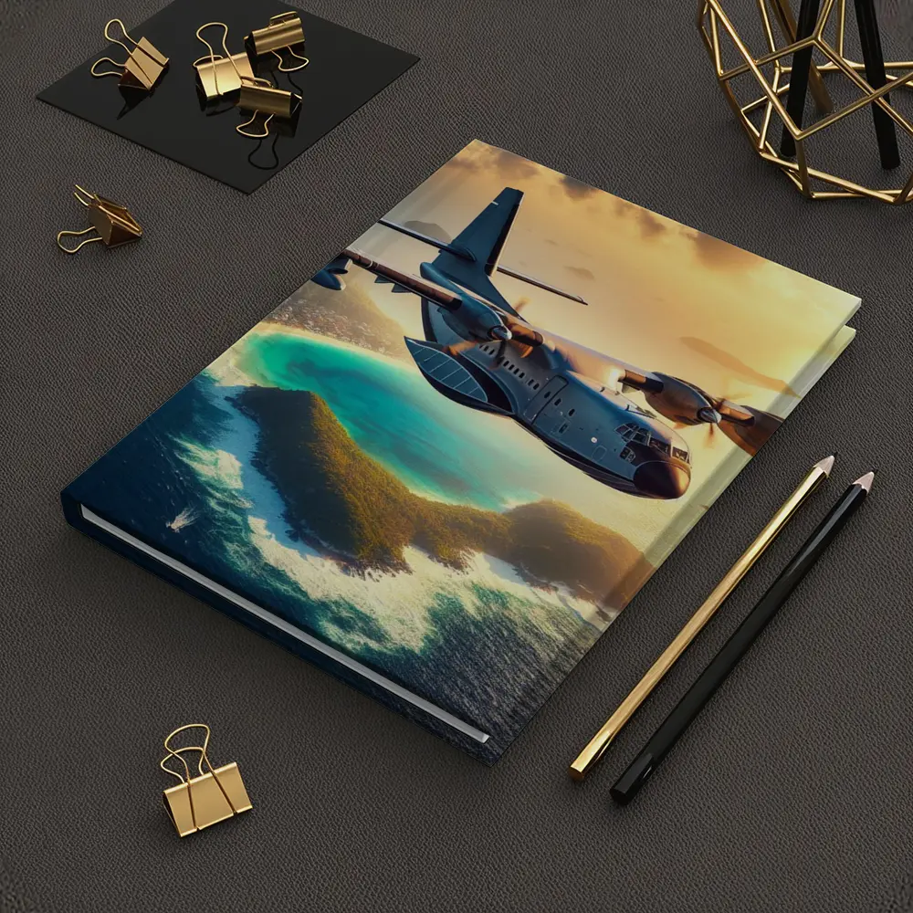 Military Cargo Plane Flying Over Tropical Island – Notebooks