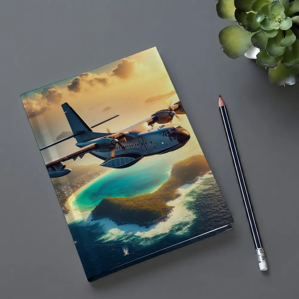 Military Cargo Plane Flying Over Tropical Island – Notebooks