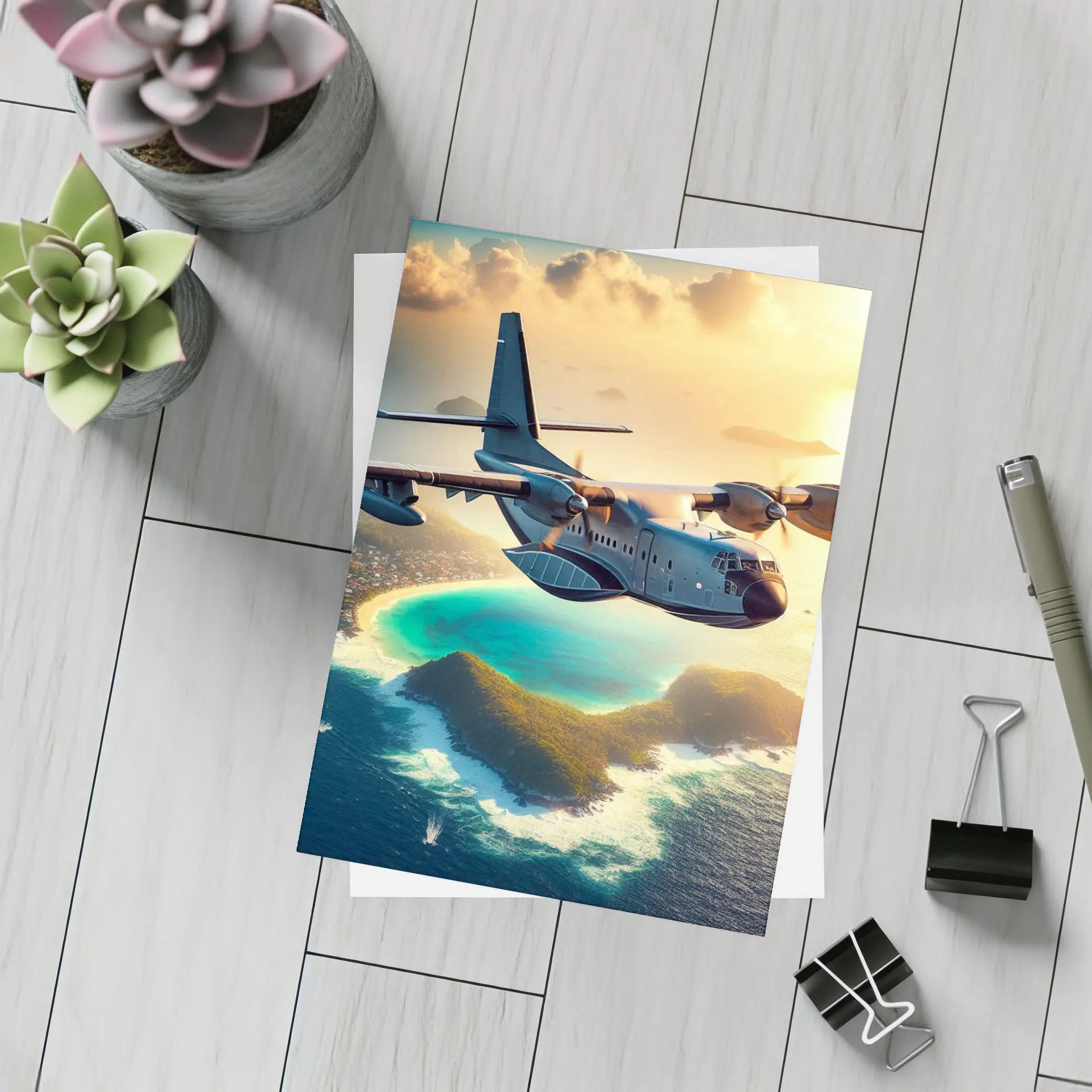 Military Cargo Plane Flying Over Tropical Island – Postcards