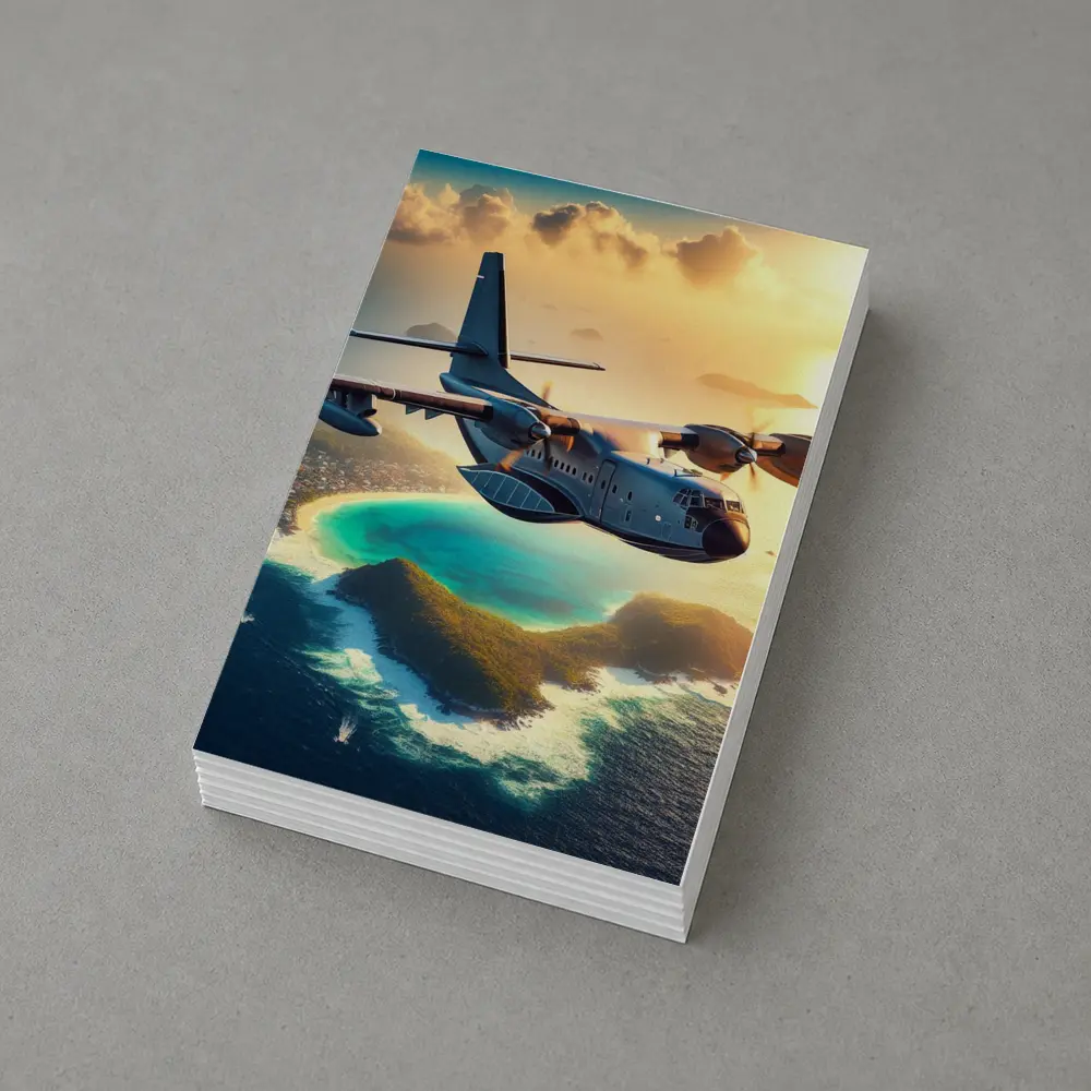 Military Cargo Plane Flying Over Tropical Island – Postcards