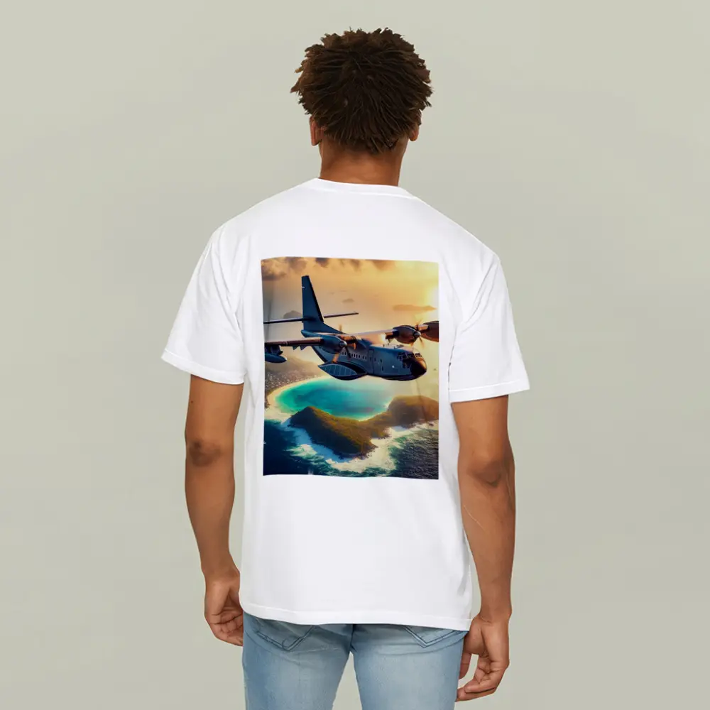 Military Cargo Plane Flying Over Tropical Island – T-Shirts
